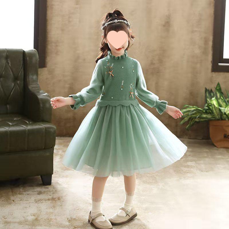 Frühling 2025 Mädchen Chinesischer Stil Puffärmel Mesh Prinzessinnenkleid