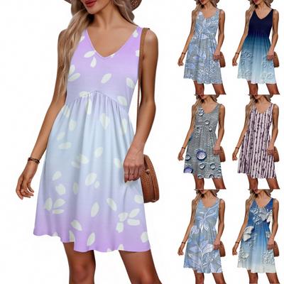Women's Summer V-neck Casual Beach Vacation Retro Floral Print Sleeveless Patchwork Dress