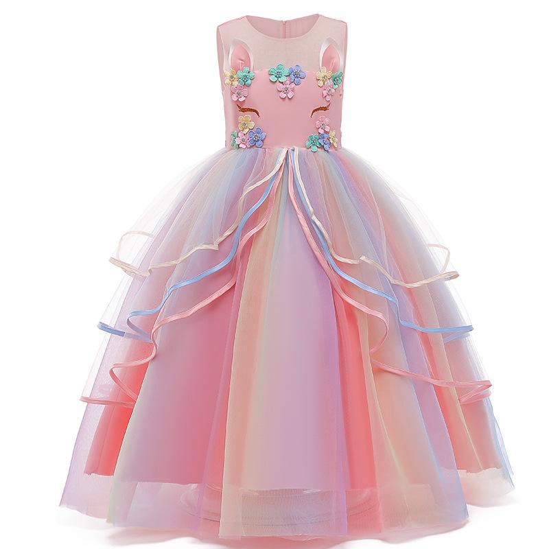 Girl's Long Unicorn Rainbow Wedding Party Dress Girl's Birthday Party Unicorn Character Dance Performance Dress Three Piece Set