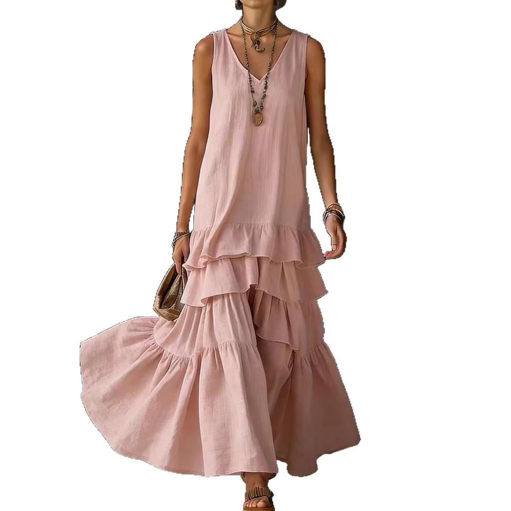 Vestido sin mangas para mujer con cuello en V y volantes en cascada, moda de primavera, casual, nuevo, color liso, holgado, dobladillo ancho, vestido largo