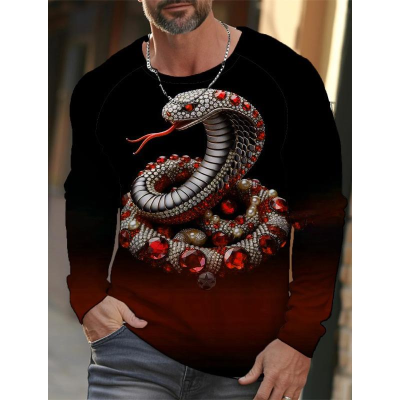 Spring and Autumn Round Neck 3D Snake Pattern Printed Top Fashionable Casual Long Sleeved Men's T-shirts