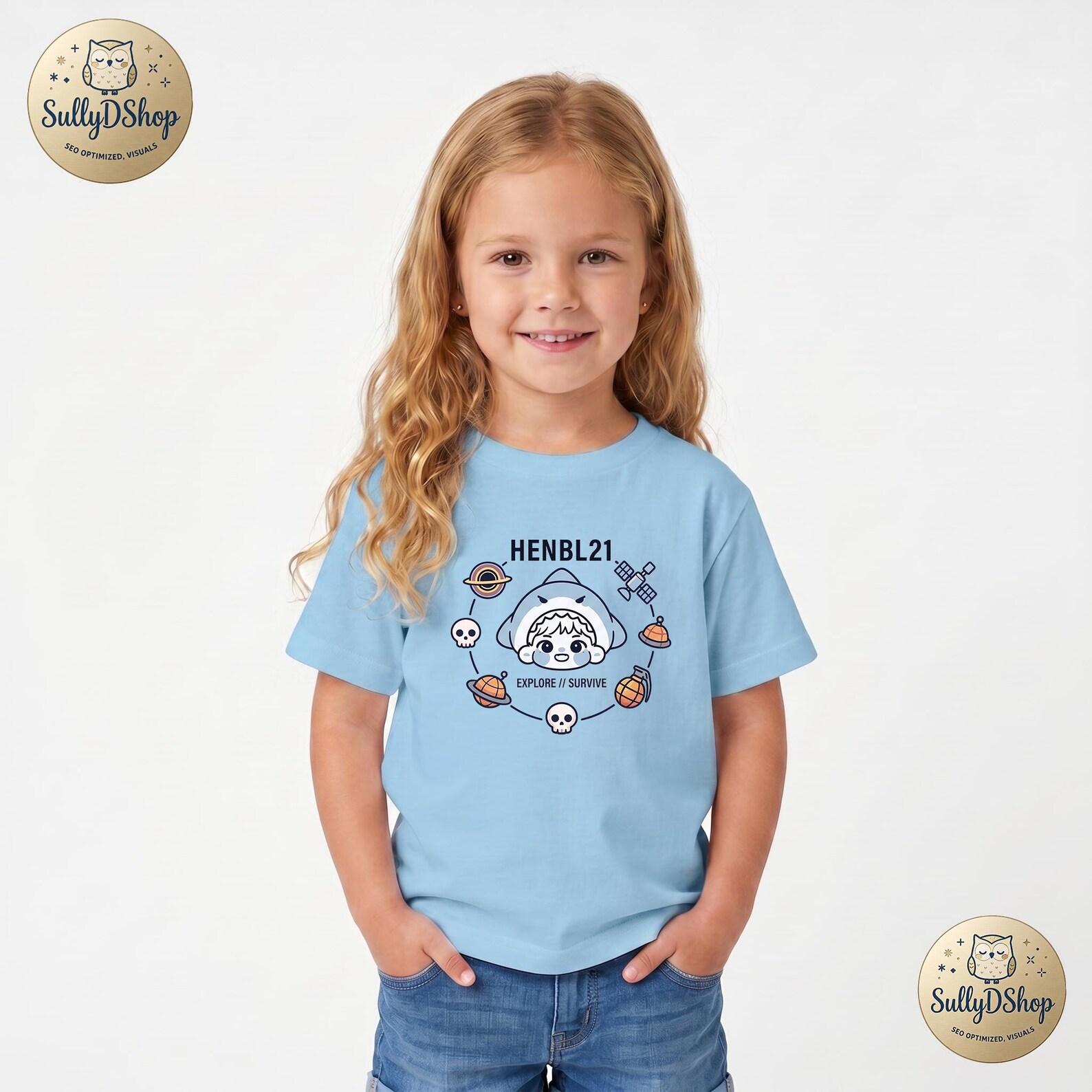 Shark Explore Survive Tee, HENBL21 Tragic Gaming Shirt, Kawaii Aesthetic Animal Shirt, Funny Cottagecore Kids Clothes, Trendy Streetwear 120