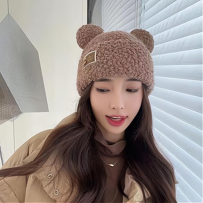 Winter cute cartoon plush hat bear ears wool hat female warm thickened ear protector knitted hat student
