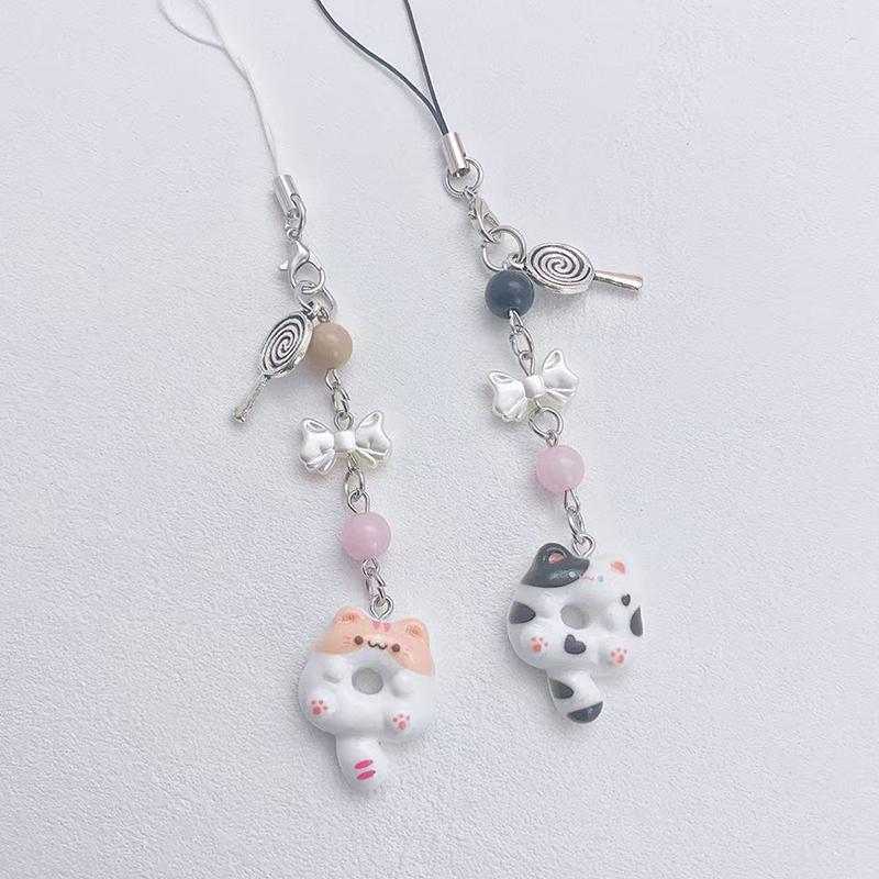 Lovely Cat Cookie Cell Strap Comics Kitty Bead Mobile Chain Dual Keychain Camera Earplug Pouch Pendant