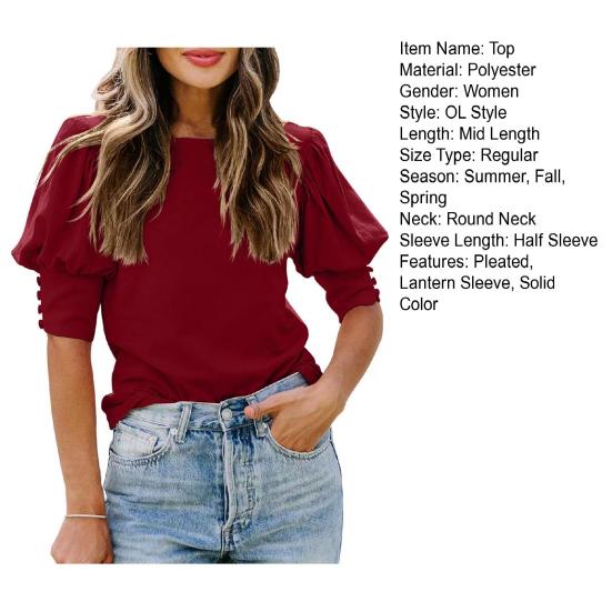 Women Top Round Neck Patchwork Lantern Sleeves Solid Color Loose OL