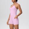 Europäisch-Amerikanisches Wolkengefühl Yoga-Tanktop & Shorts Set: Einfarbig, Seil-Träger, Schöner Rücken, Tasche, Figurbetont für Damen