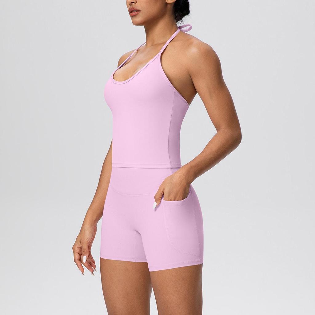 Europäisch-Amerikanisches Wolkengefühl Yoga-Tanktop & Shorts Set: Einfarbig, Seil-Träger, Schöner Rücken, Tasche, Figurbetont für Damen