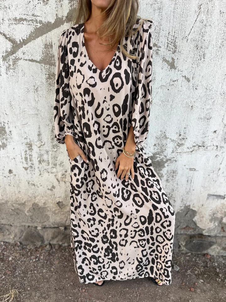 Women's Long Sleeve V-Neck Loose Fit Leopard Print Maxi Dress with Pockets, Multiple Colors & Patterns