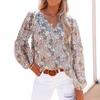 Women's Ditsy Floral Print V Neck Lantern Long Sleeve Loose Blouse Casual Spring Summer Shirt Top