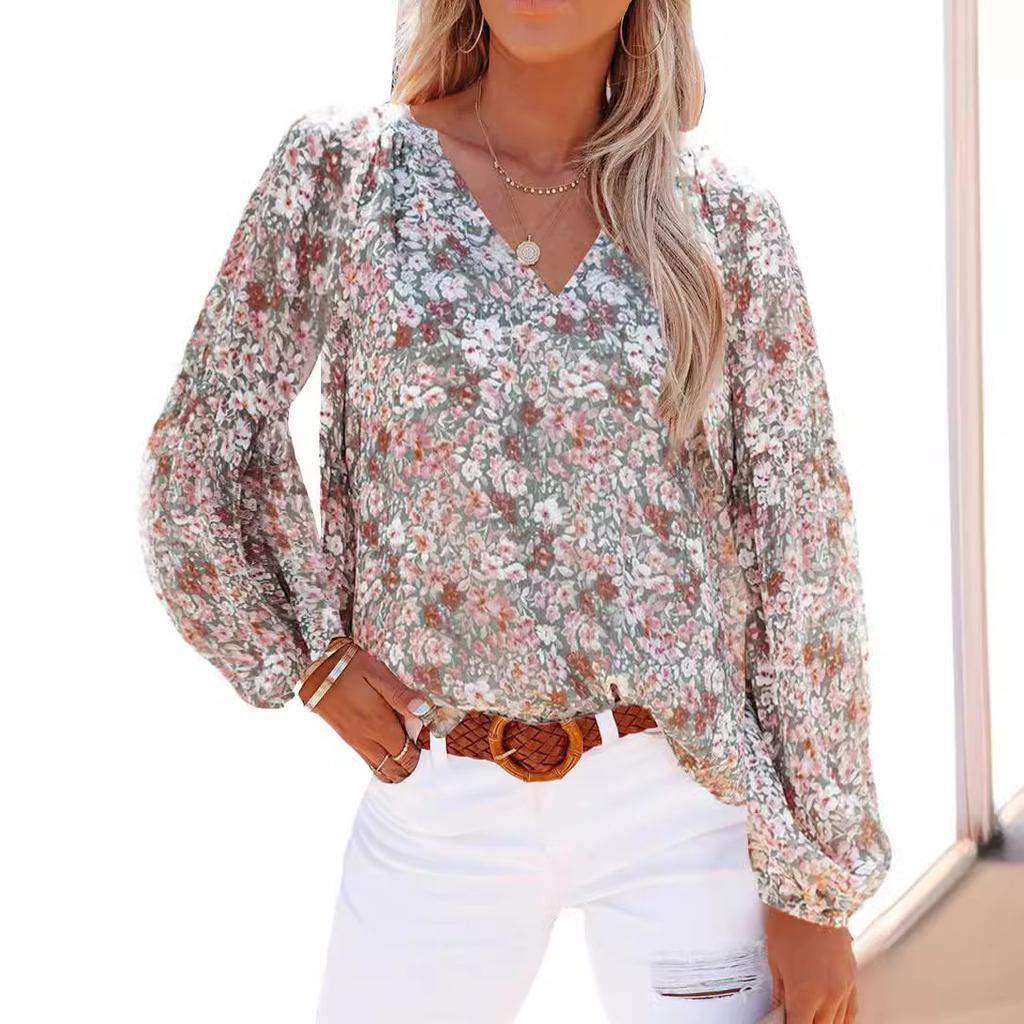 Women's Ditsy Floral Print V Neck Lantern Long Sleeve Loose Blouse Casual Spring Summer Shirt Top