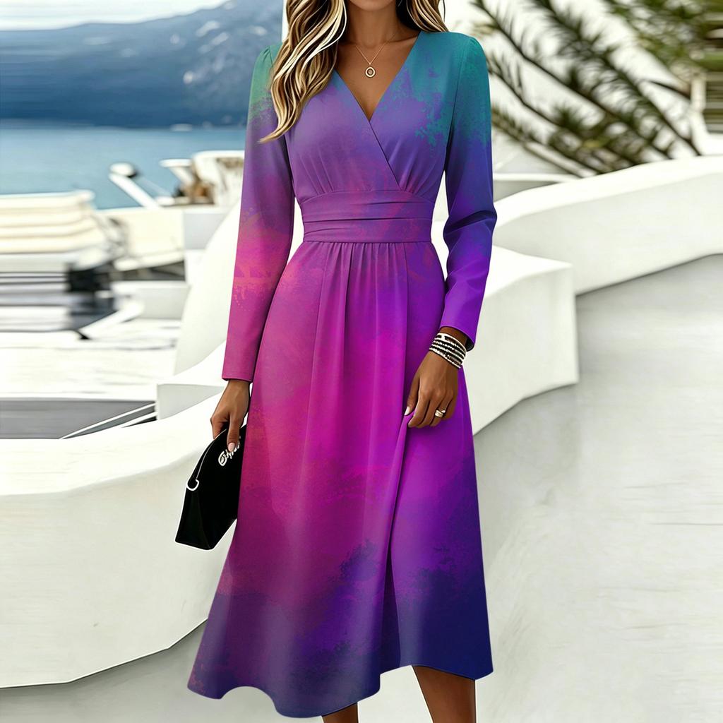 Women's Casual Print Long Sleeve V-Neck Dress with Pocket