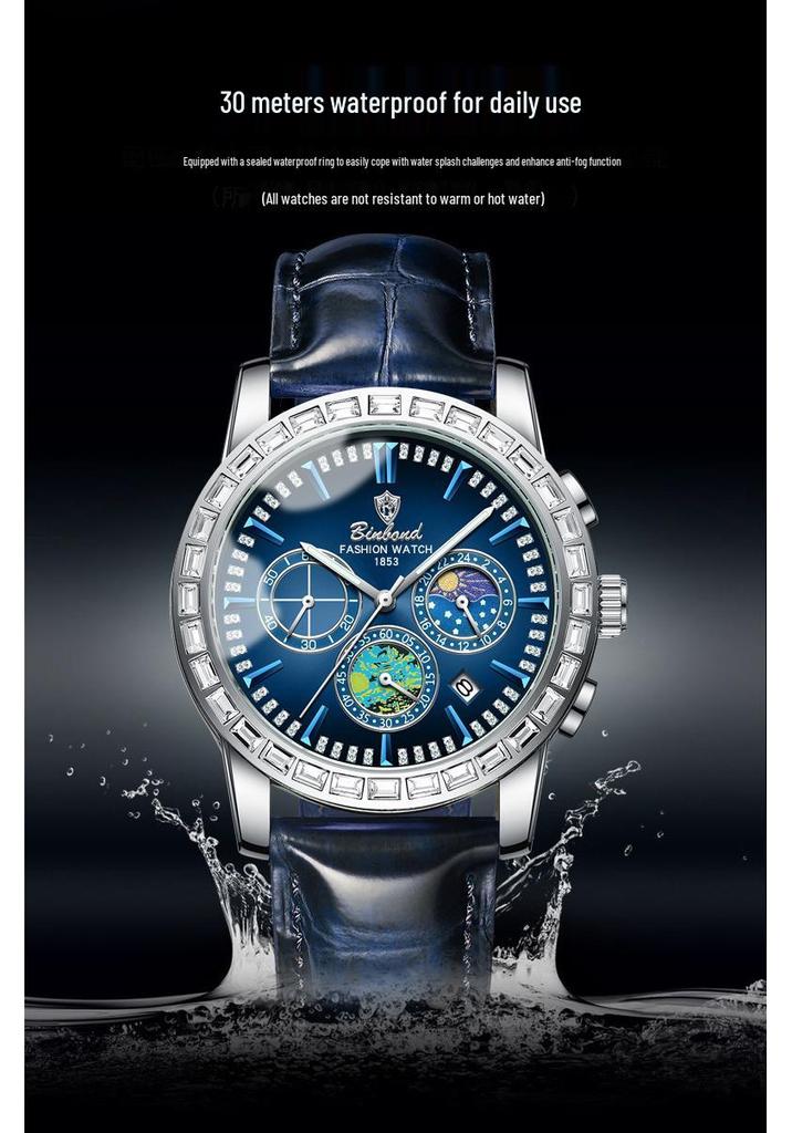 Binbang Men's Quartz Luminous Stainless Steel Multifunctional Waterproof Watch
