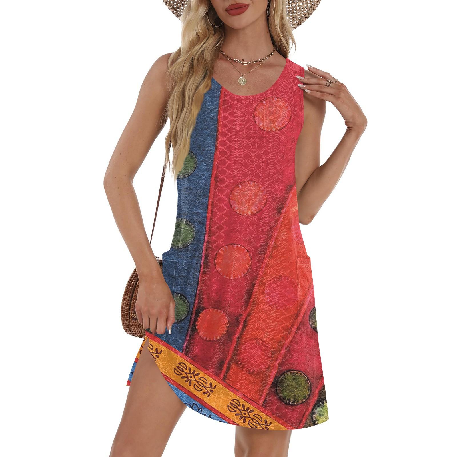 

Женский повседневный сарафан с карманами, летнее пляжное платье в стиле бохо, футболки, платье с V-образным вырезом, свободные платья-майки XL арбуз красный