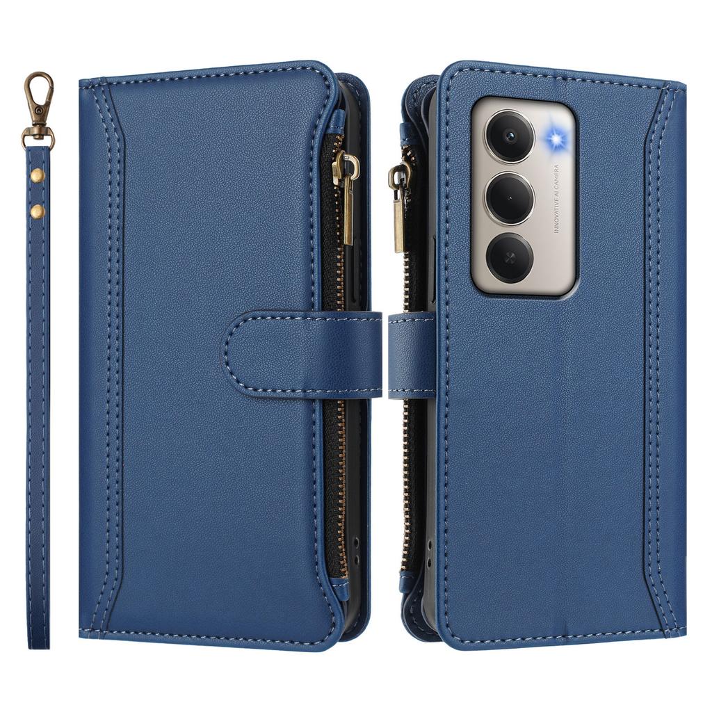 For Xiaomi Redmi 15 4G (EU) (171mm) Leather Case 9 Card Slots Zipper Wallet Stand Phone Cover with Wrist Strap