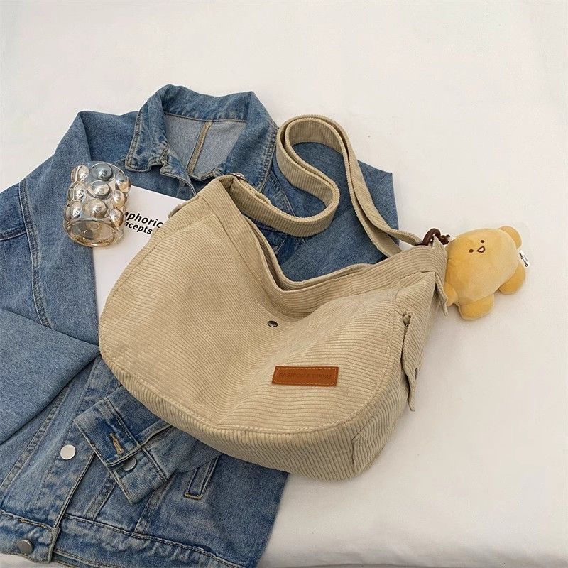 Corduroy Shoulder Bag Women Casual Crossbody Bag Half Moon Hobo Bag Soft Fabric Tote with Strap Cute Pendant