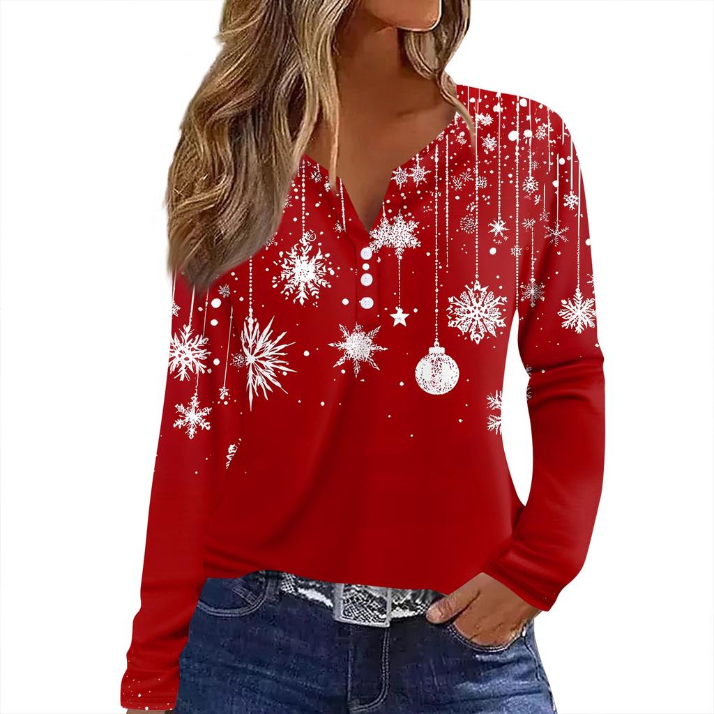 T-skjorte for kvinner Juletrykk Langermet knapp Daglig helgmote Basic V-hals vanlig topp