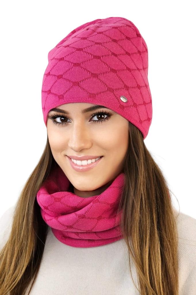 Diamond Cotton Hat and Scarf Set, Raspberry Color