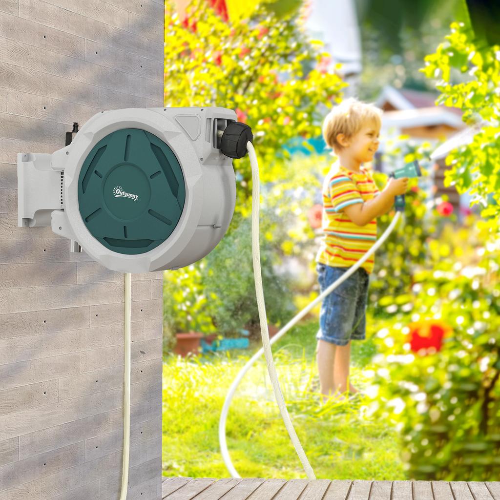 Wall-Mounted Watering Hose Reel 30 m x Ø 15 mm Automatic Retractable Water Hose Reel Automatic Grey