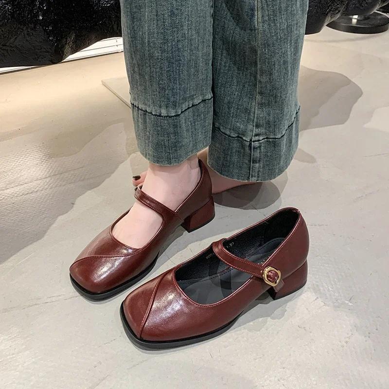 Design Office Lady Pumps Shoes Casual Thick Heel Buckle 2025 Spring Autumn Female Square Toe Mary Jane Shoes