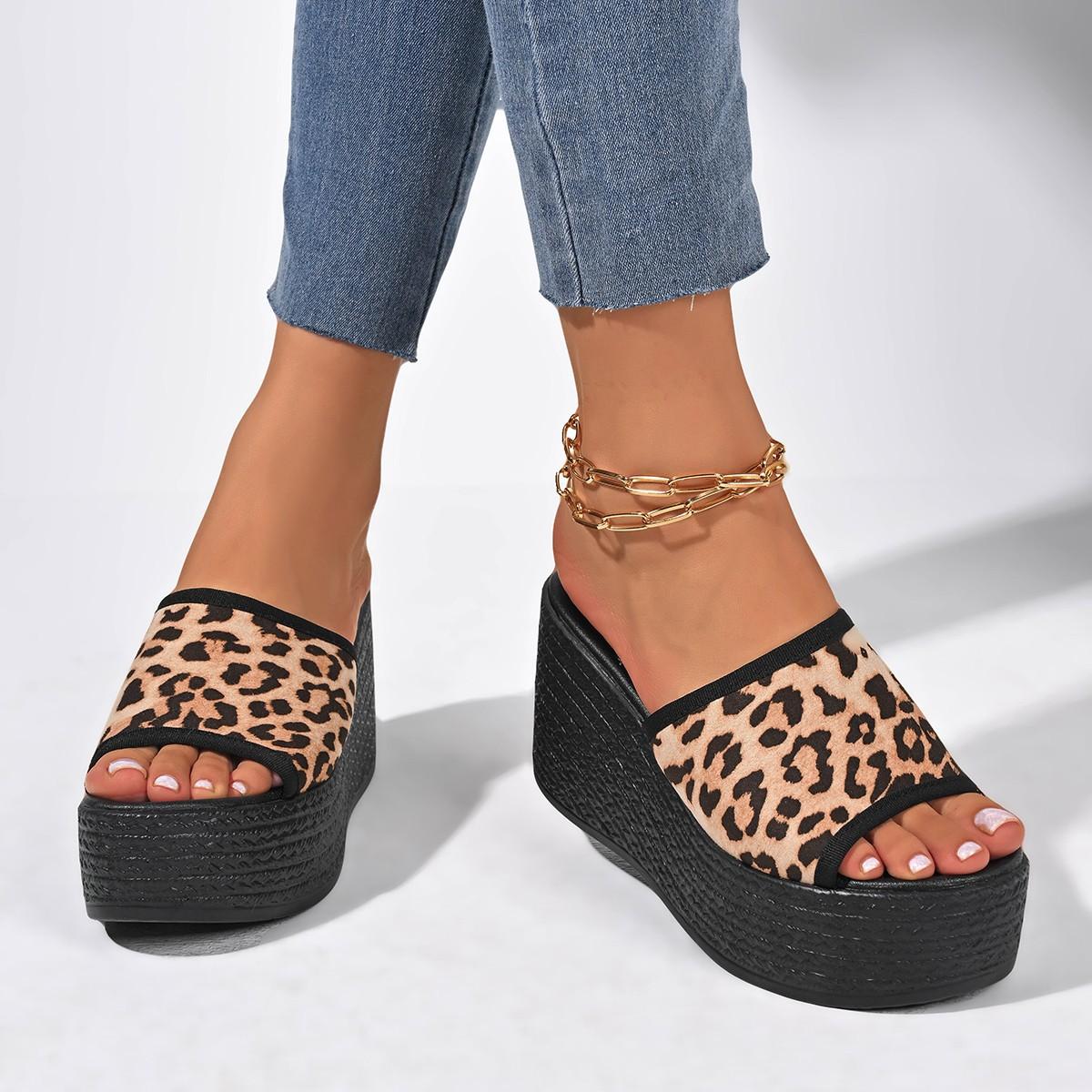 

Large size women s one-word slope heel thick bottom fashion sandals women s tow denim fish mouth slippers 43 леопардовий