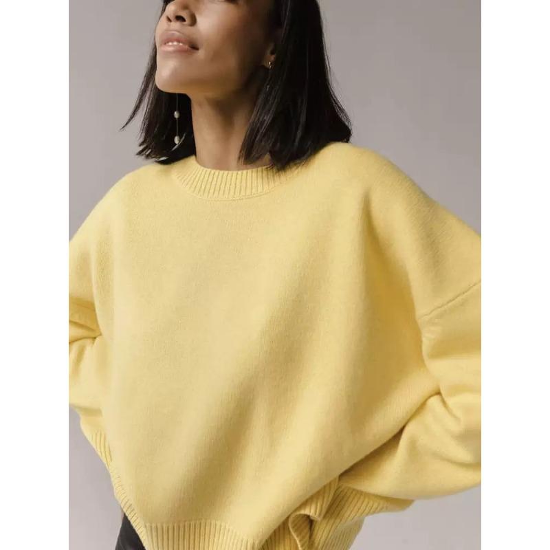 VEZFAA Women's Fashion Casual Fall Winter Solid Color Print Long Sleeve O-Neck Sweaters