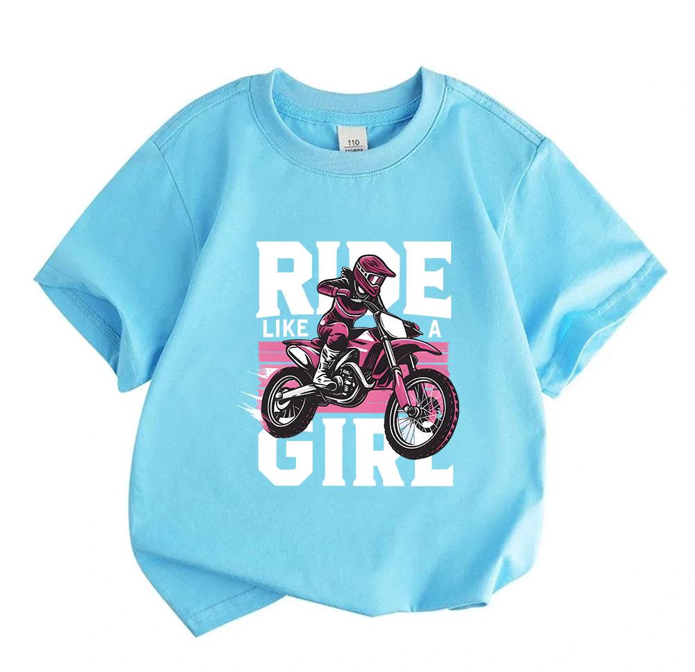 Kids Boys Girls 100% Cotton Crew Neck Short Sleeve T-Shirt, Cool Motocross Rider Ride Like A Girl Graphic Casual Tees For Youth Daily Outdoor Playwear