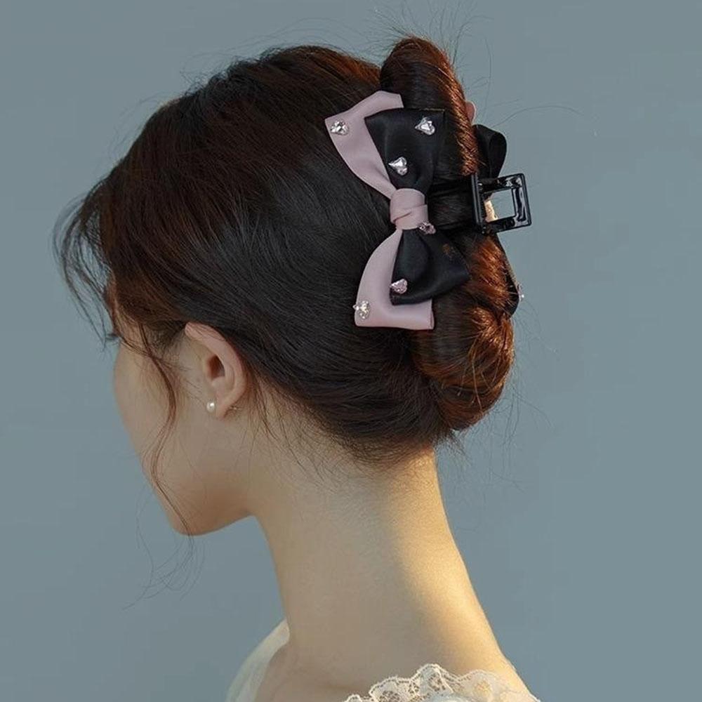 Love Water Diamond Bow Shark Clip Black Powder Contrasting Design Hair Grab Niche Sweet Style Daily Styling Tie Hair Accessory