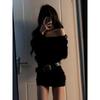 Y2K One-Shoulder Black Knit Dress: Sexy Autumn/Winter Bodycon Mini for Mature Women