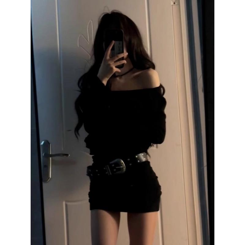 Y2K One-Shoulder Black Knit Dress: Sexy Autumn/Winter Bodycon Mini for Mature Women