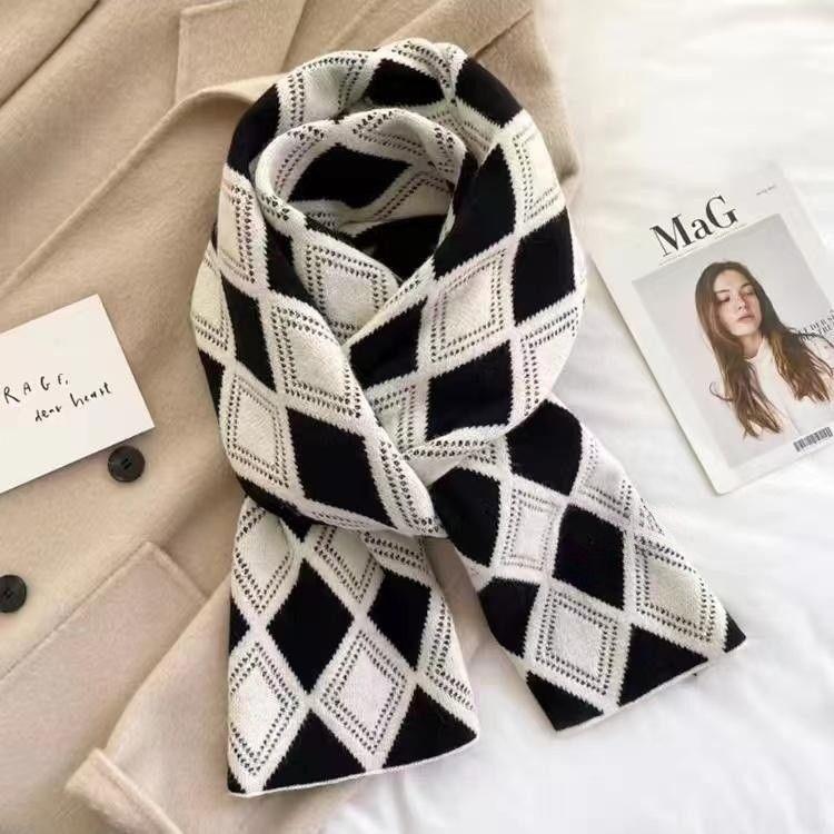 Winter Korean Style Versatile Warm Scarf Women's Knitted Thickened Diamond Plaid Retro Lazy Style Neck Warmer