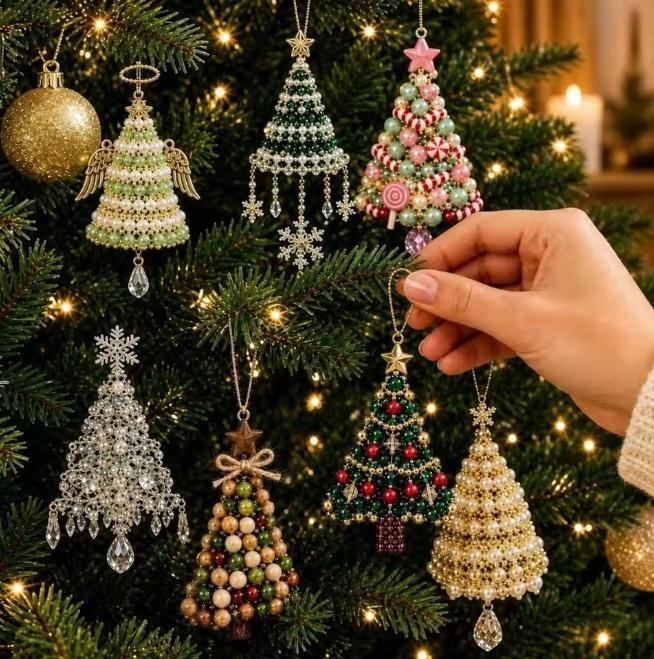 DIY Christmas Tree Beaded Ornament Kit Hand‑make Hanging Pendant with Crystal Tassel for Xmas Tree Holiday Home Party Decor
