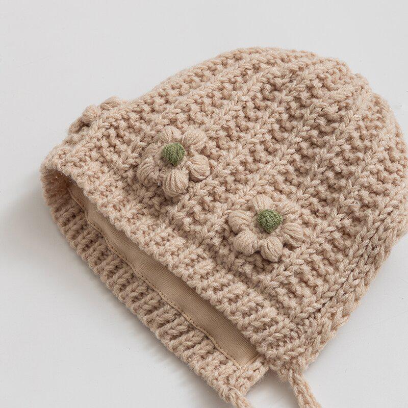 Korean Chic Flower Earmuff Hat: Warm Knit Wool Head Cover for Infants & Toddlers with Ties, Windproof & Handmade