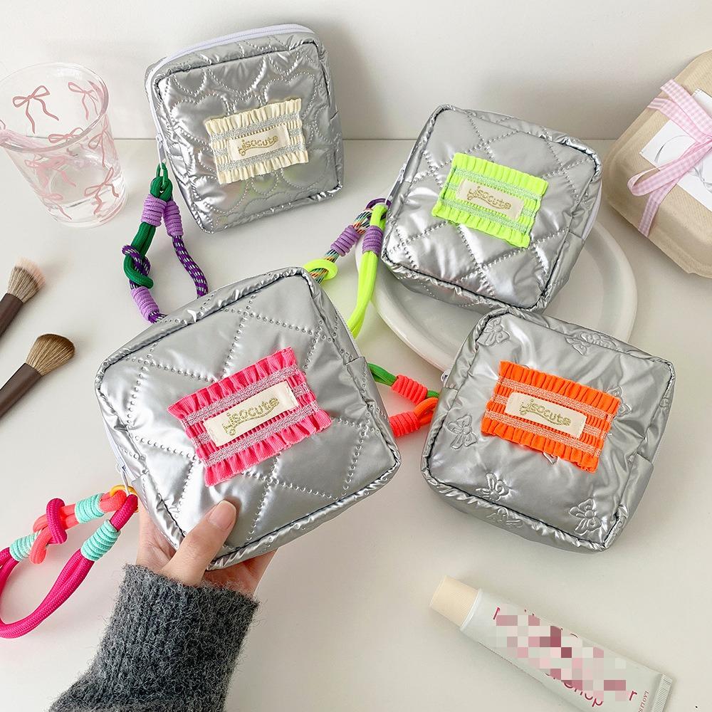 Ins-style Girl's Silver Shiny Bow Square Mouth Red Envelope Student Sanitary Napkin Storage Bag, Portable Small Square Bag