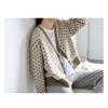Women Loose Thick Plaid Color Block V Neck Long Sleeve Knitted Cardigan Sweater Coat
