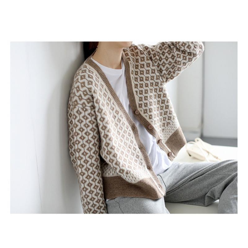 Women Loose Thick Plaid Color Block V Neck Long Sleeve Knitted Cardigan Sweater Coat