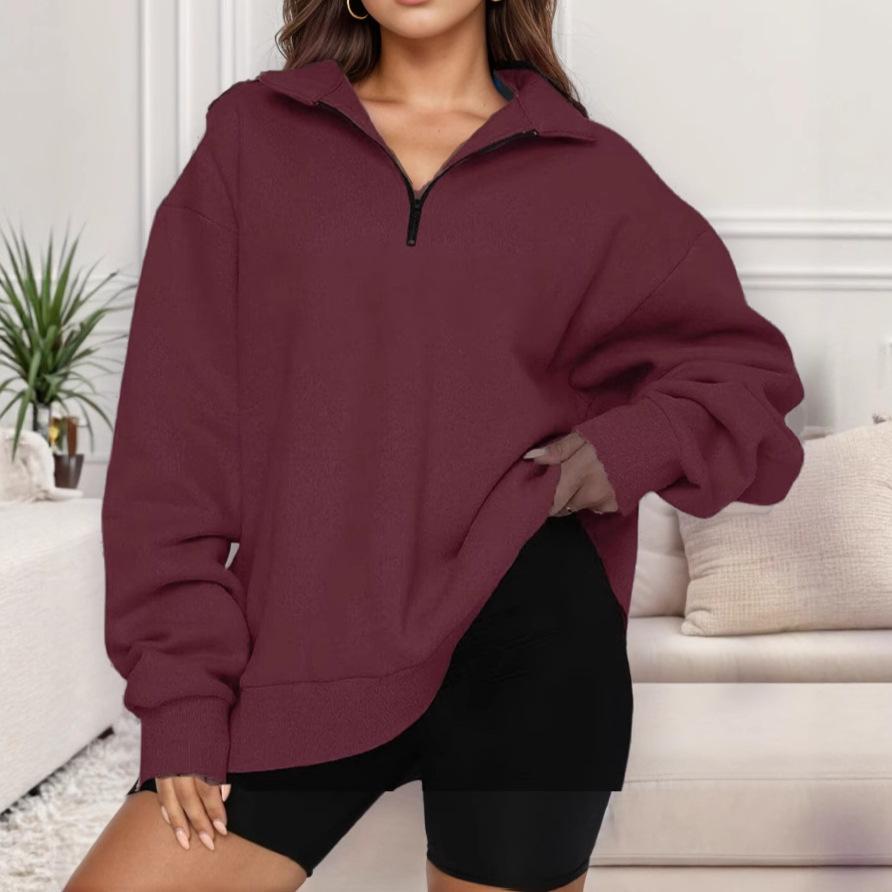 Women's Semi-Zip Loose Pullover Sweatshirt Casual Long Sleeve Hooded Top in Purple/Red/Black/White