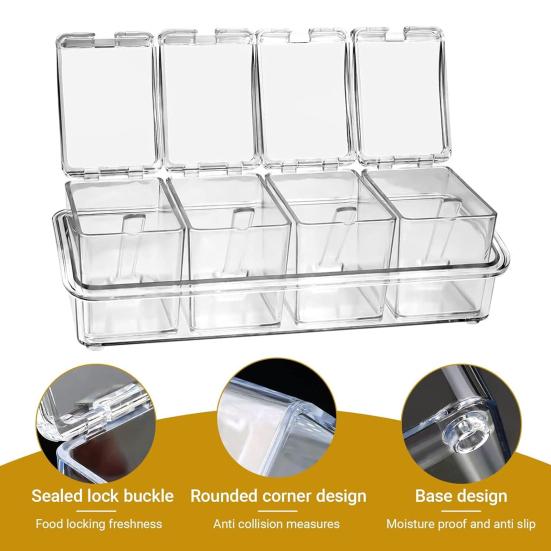 Yousheng Transparent Spice Container Set with Lids And Spoon 4-in-1 Kitchen Organizer for Salt Sugar Pepper Airtight Pantry Storage