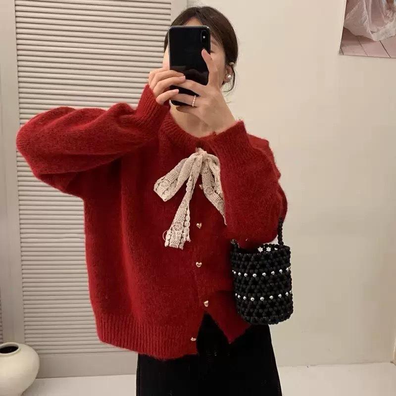 Lace Bow Round Neck Sweater Jacket for Women Autumn and Winter Loose Knitted Cardigan