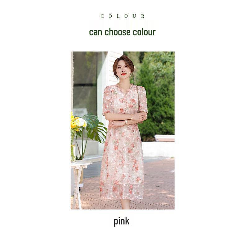 Robe Mi-longue Imprimée en Mousseline de Soie à Manches Courtes pour Femme - Été 2026 Élégante