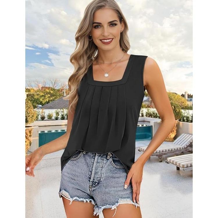 Women Summer Loose Flowing Sleeveless Vest Top with Pleated Square Neck and Curved Hem