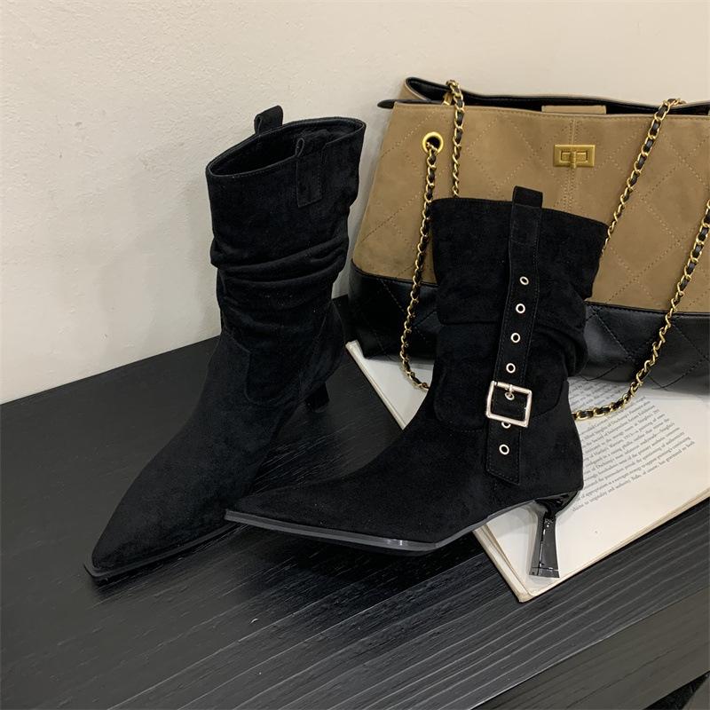 2025 New Retro Suede Pointed High-heeled Pleated Piled Boots Autumn and Winter New Belt Buckle Western Medium Boots Women