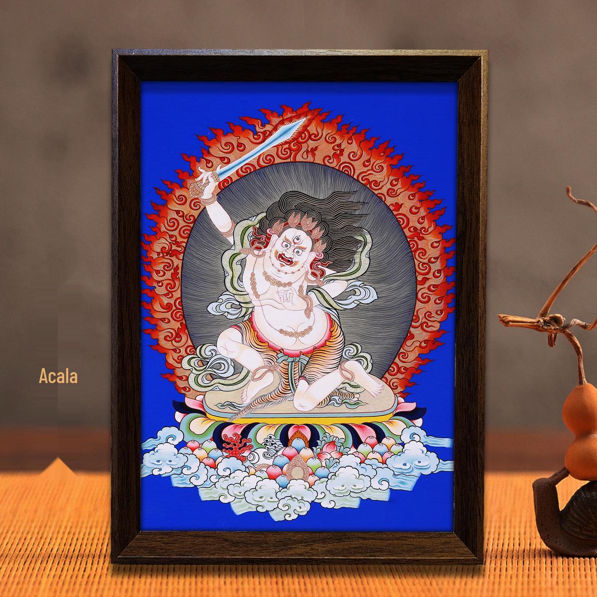 Yellow Jambhala & Mahakala Green Tara Hand-Painted Thangka Wall Hanging Ornament