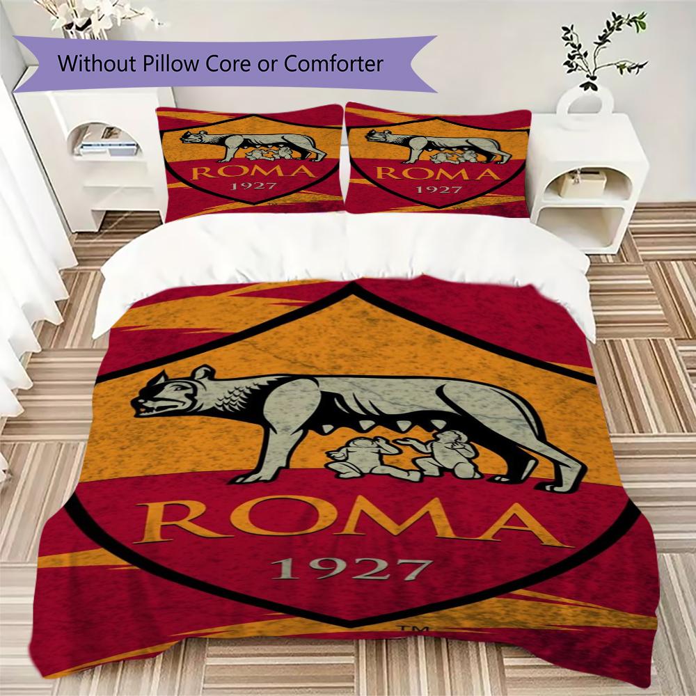 Set lenjerie de pat cu model A.S. Roma Cearșaf pilotă Huse pernă Decorațiune casă Cadou de ziua de naștere (1 * husă de pilotă + 2 * fețe de pernă fără miez)01