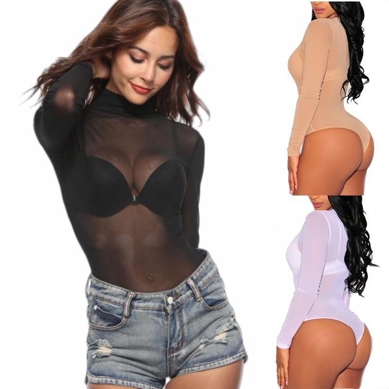Nouveaux Bodys à Manches Longues Noirs Transparents en Soie Lingerie Sexy Chemises Hauts Pour Femmes Grande Taille Xxxl Printemps Été