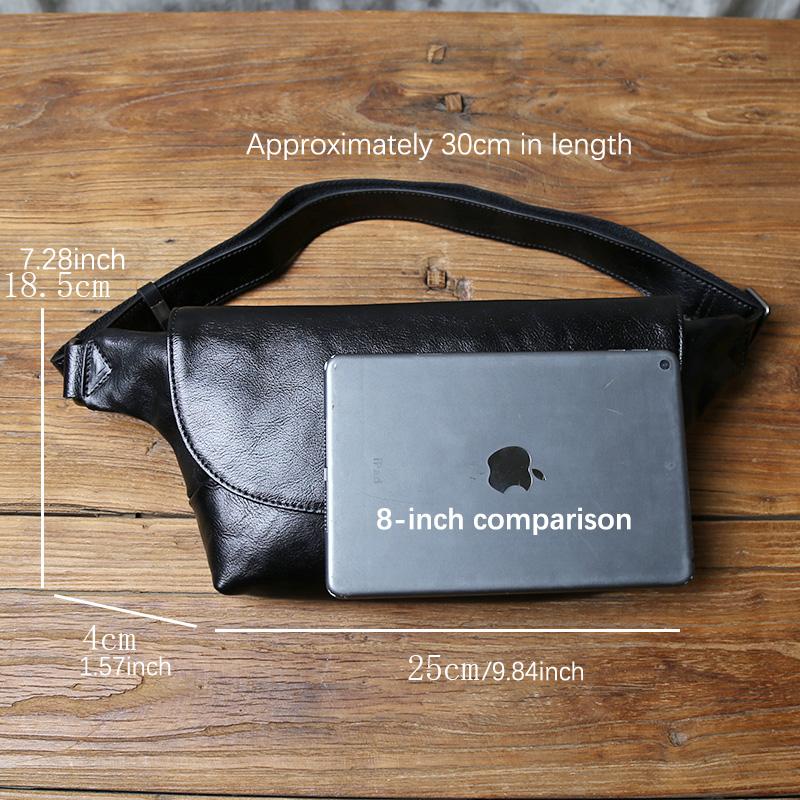 NZPJ Genuine Leather Men's Chest Bag Leisure Top Layer Cowhider Messenger Bag Black Tablet Computer Bag  For 8-Inch IPad