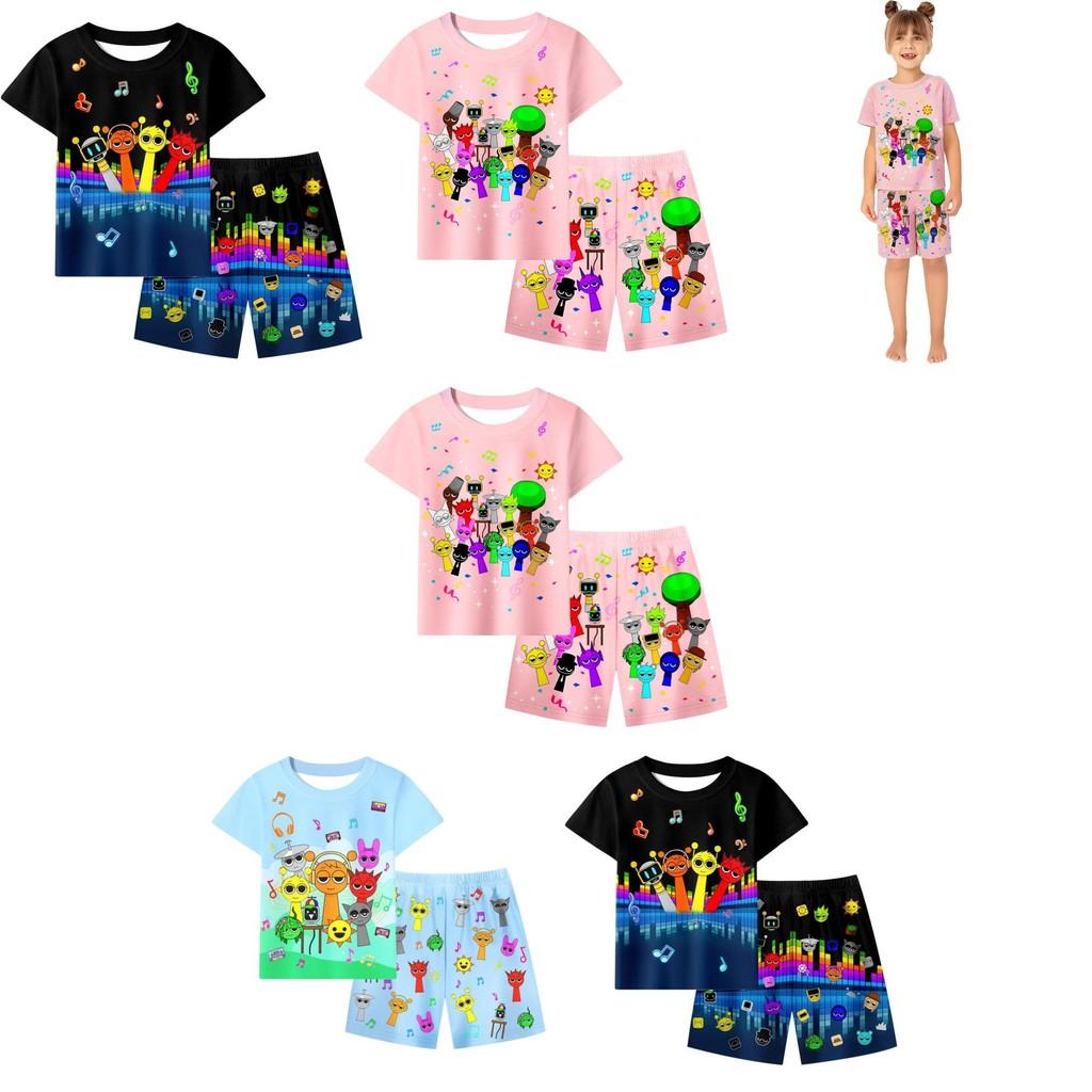 Conjunto de Pijama de Verano con Estampado Sprunki para Niños y Niñas de Algodón Casual Dibujos Animados Traje de Dos Piezas para Estar en Casa para Niños