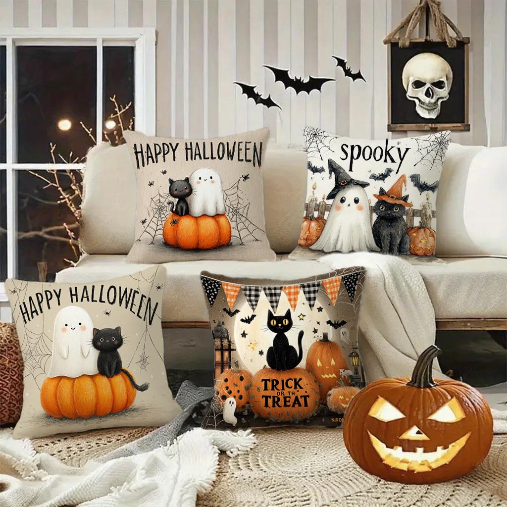 Halloween-Themed Cat & Ghost Pillowcasessuitable For Sofa Car Bedroom Decorative Cushion Cover Pillow Cover