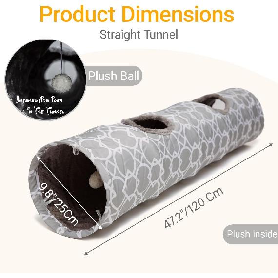 LUCKITTY Geometric Straight Cat Tunnel with Plush Inside,Cats Toys Collapsible Tunnel Tube with Balls, for Rabbits, Kittens, Ferrets,Puppy, Diameter