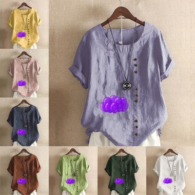 Women's Fashion Round Neck Short Sleeve T-shirt Casual Cotton Linen Graphic Shirt Leisure Loose Balloon Prined Summer Blouse Tops Plus Size