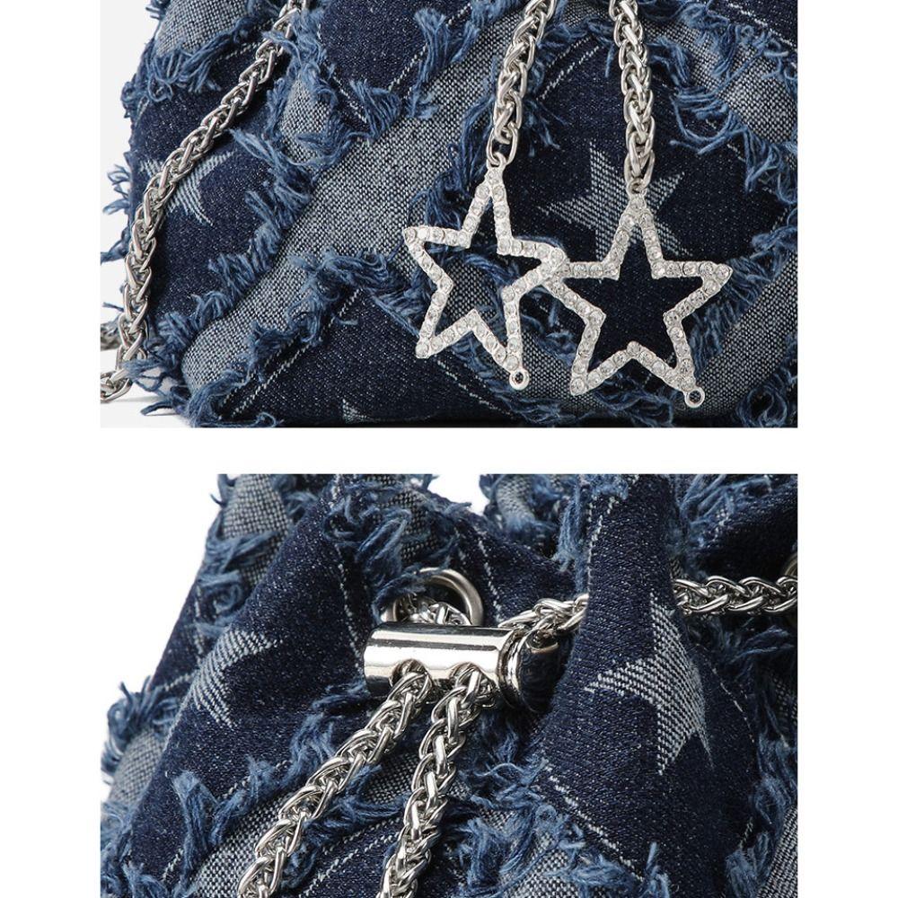 Drawstring Star Denim Bucket Bag Tassel Cloth Shoulder Bag Casual Metal Chain Crossbody Bag  Party